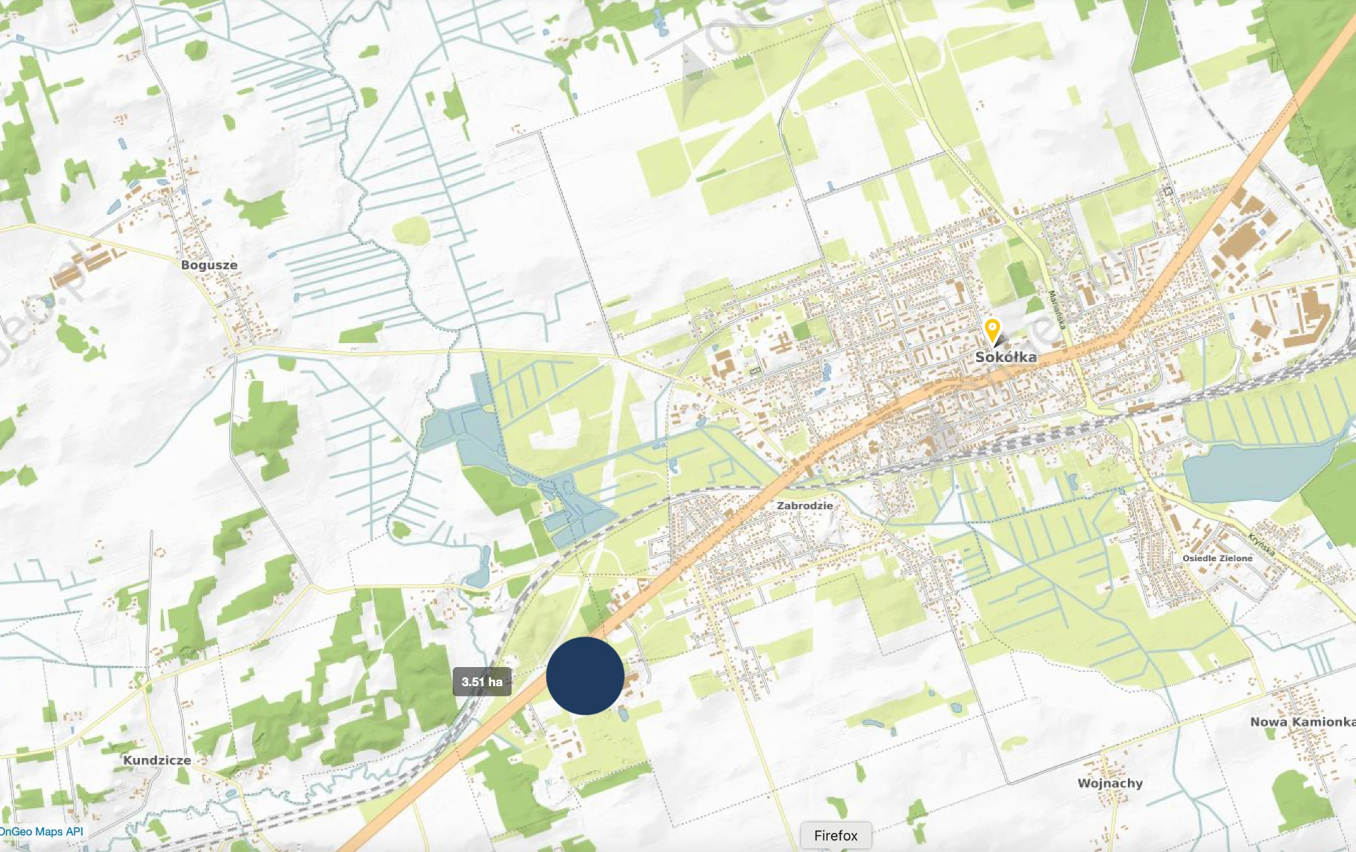 Mapa Sokółki z zaznaczoną działką inwestycyjną 3,51 ha przy DK19