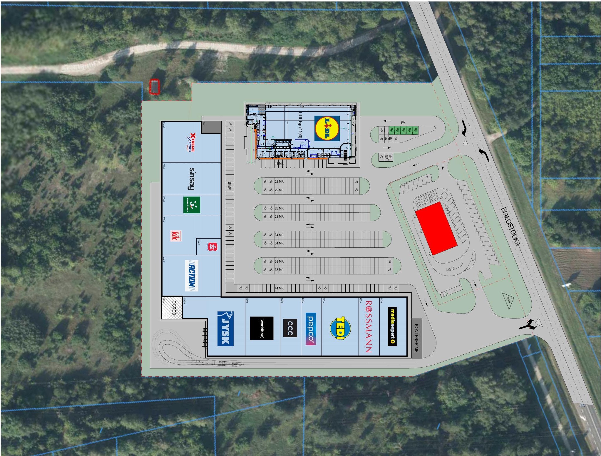 Plan zagospodarowania terenu SHOPLAND Sokółka — układ lokali, parking i drive-thru