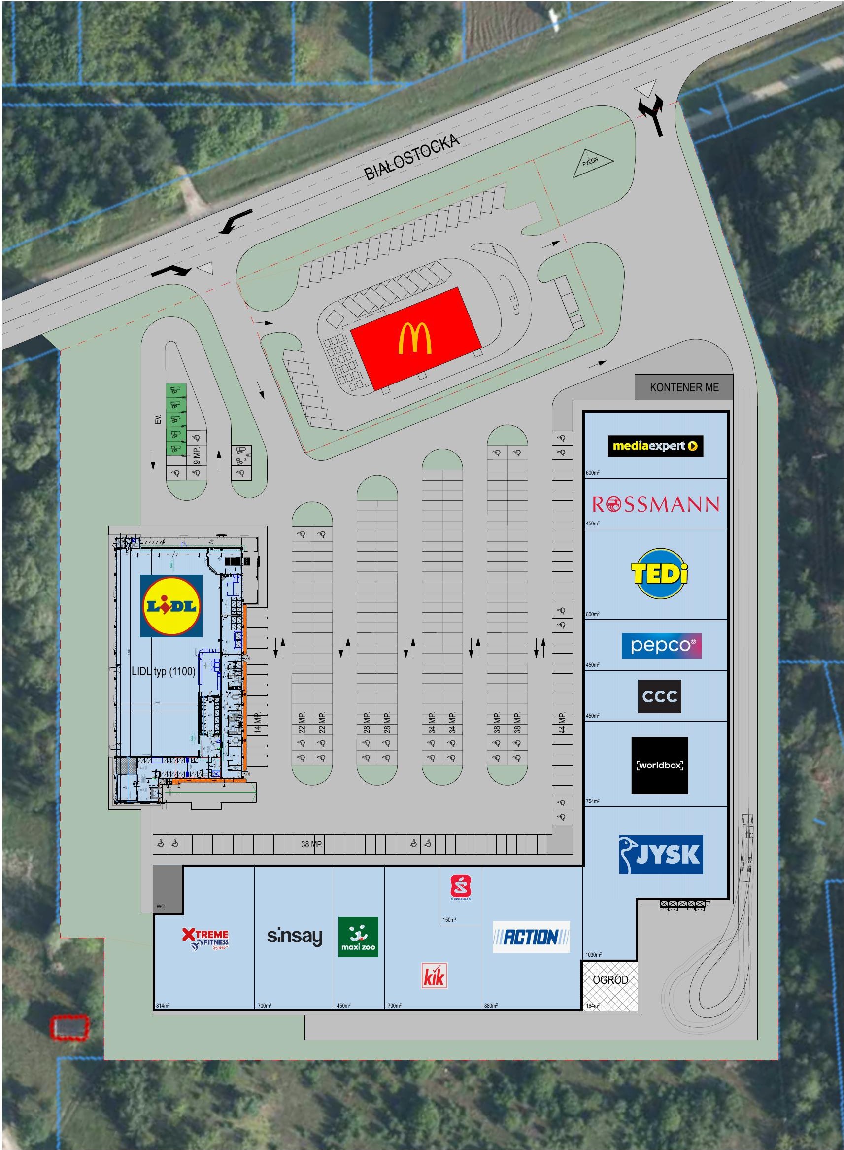 Plan zagospodarowania terenu SHOPLAND Sokółka — układ lokali, parking i drive-thru